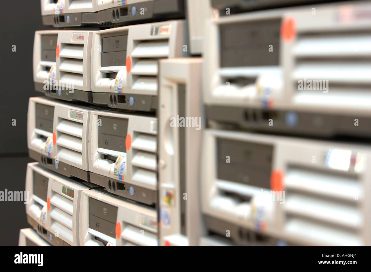 pile of stacks of computer system boxes ready for data wipe and