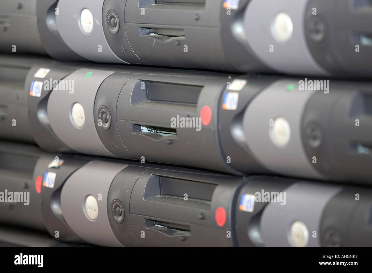 pile of stacks of computer system boxes ready for data wipe and recycling Stock Photo Alamy