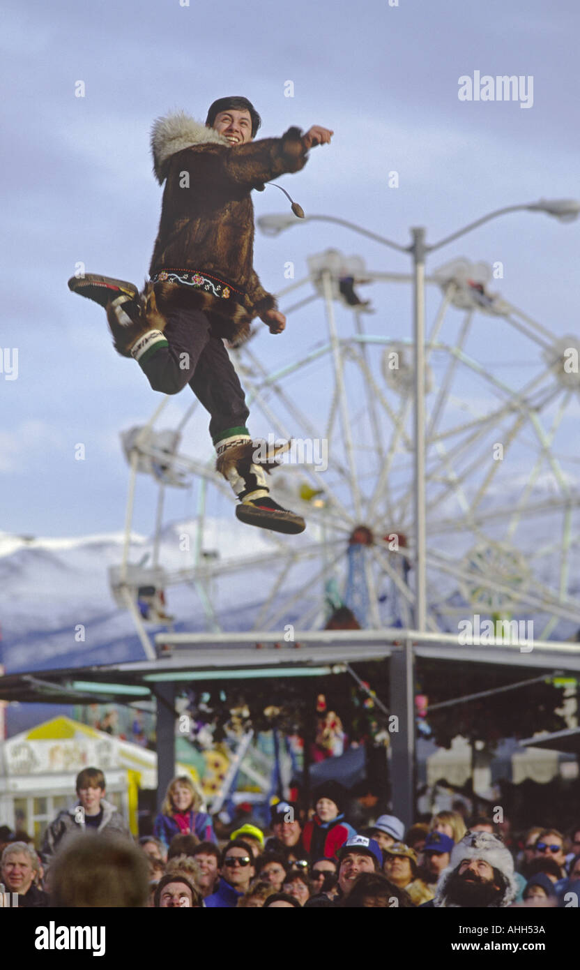 An Inuit partakes in the blanket tossing at the Fur Rendezvous Festival