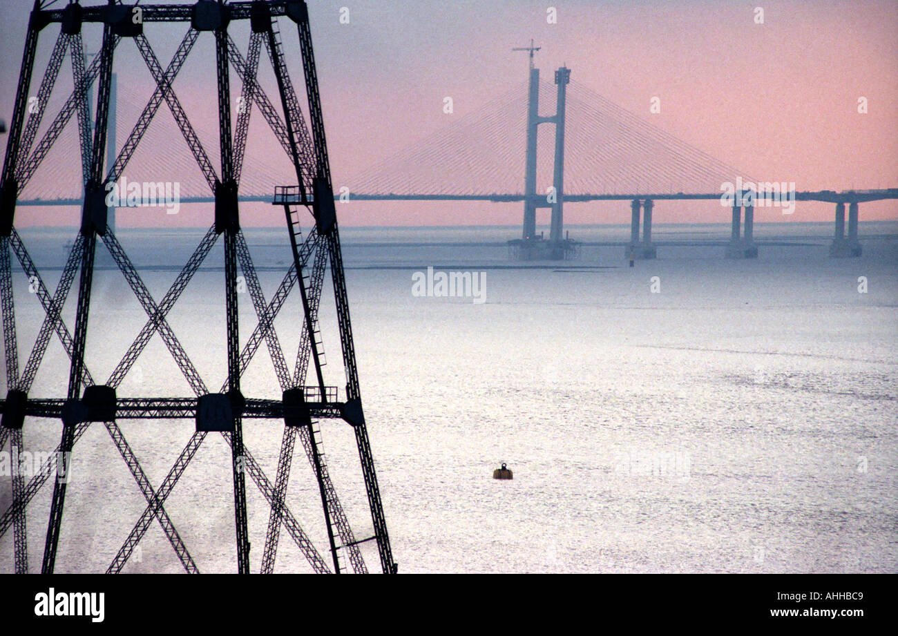 The new Severn Crossing under construction and viewed from the Severn Bridge Stock Photo