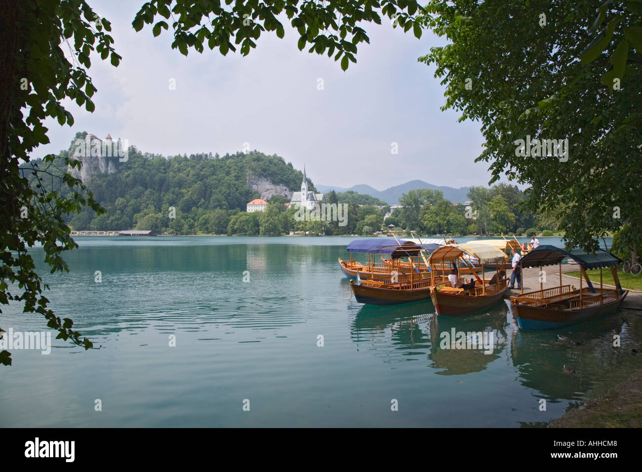 Lake Bled in summer with traditional wooden pletnja rowing boats moored ...