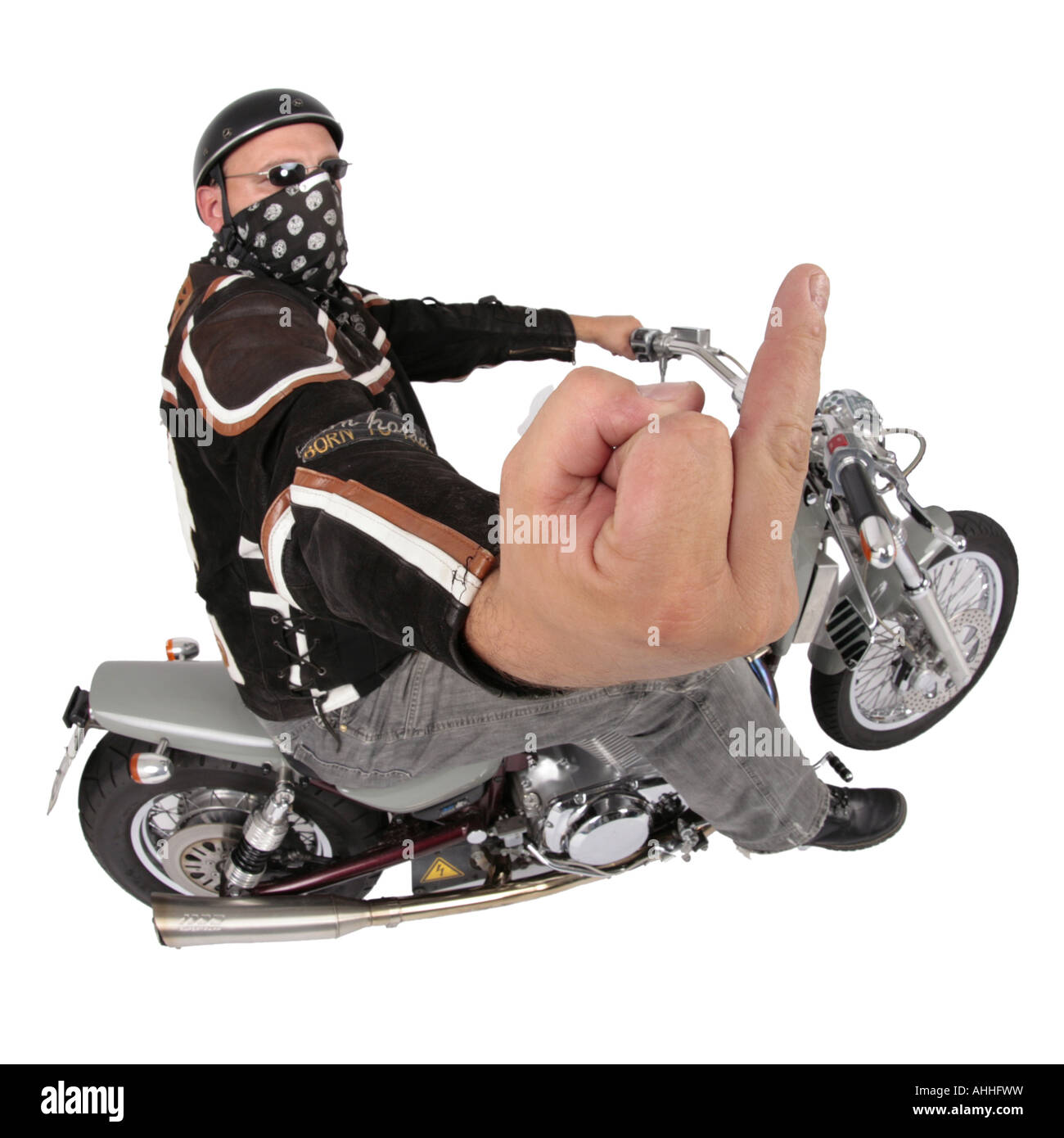 Harley Davidson-driver with motor bike give someone the finger Stock ...