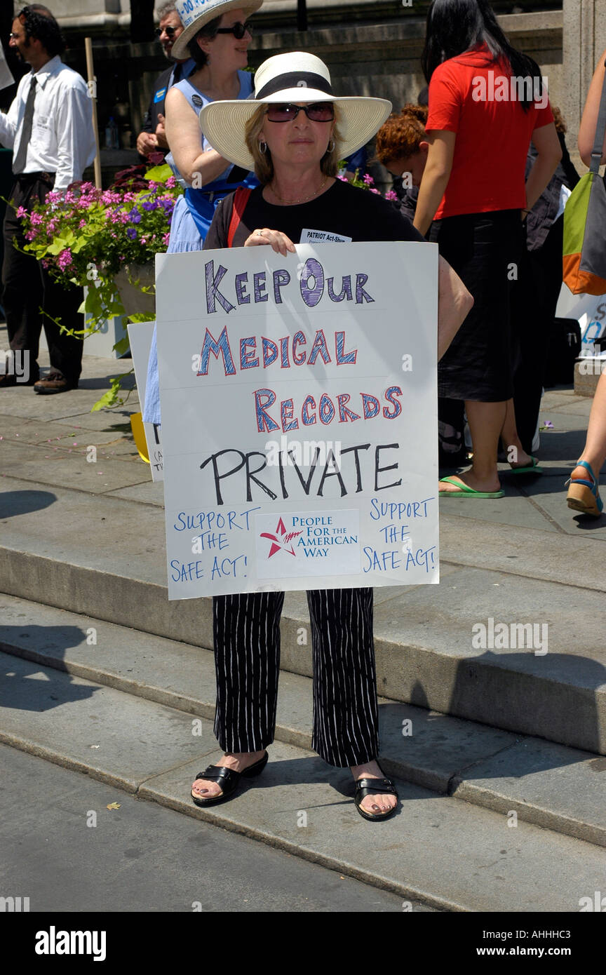 Several hundred activists rally in front of the New York Public Library calling for improvements in the Patriot Act not an expansion of the act s coverage Stock Photo