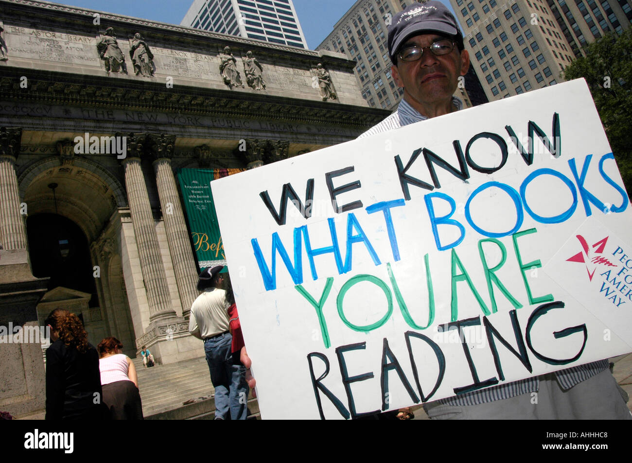 Several hundred activists rally in front of the New York Public Library calling for improvements in the Patriot Act not an expansion of the act s coverage Stock Photo