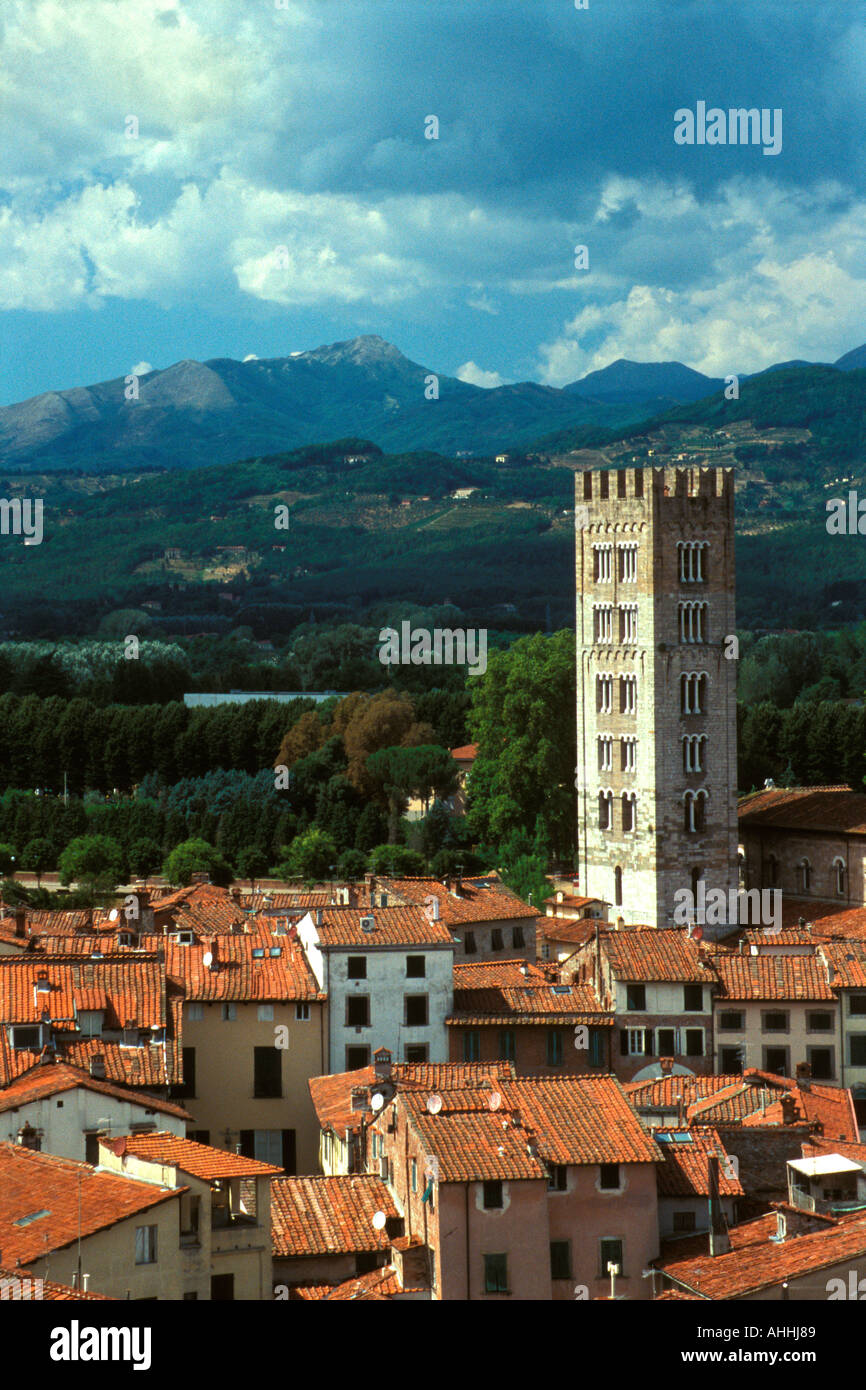 View from the Torre Guinigi with distant mountains, Lucca, Italy, Stock Photo