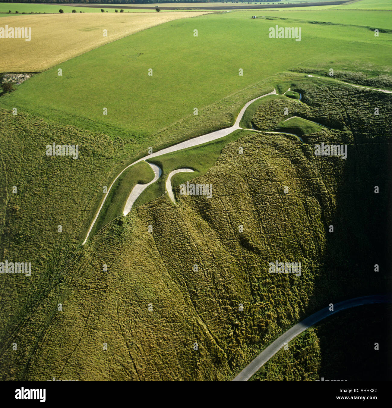 Uffington White Horse Oxfordshire UK chalk hill carving from Bronze Age aerial view Stock Photo
