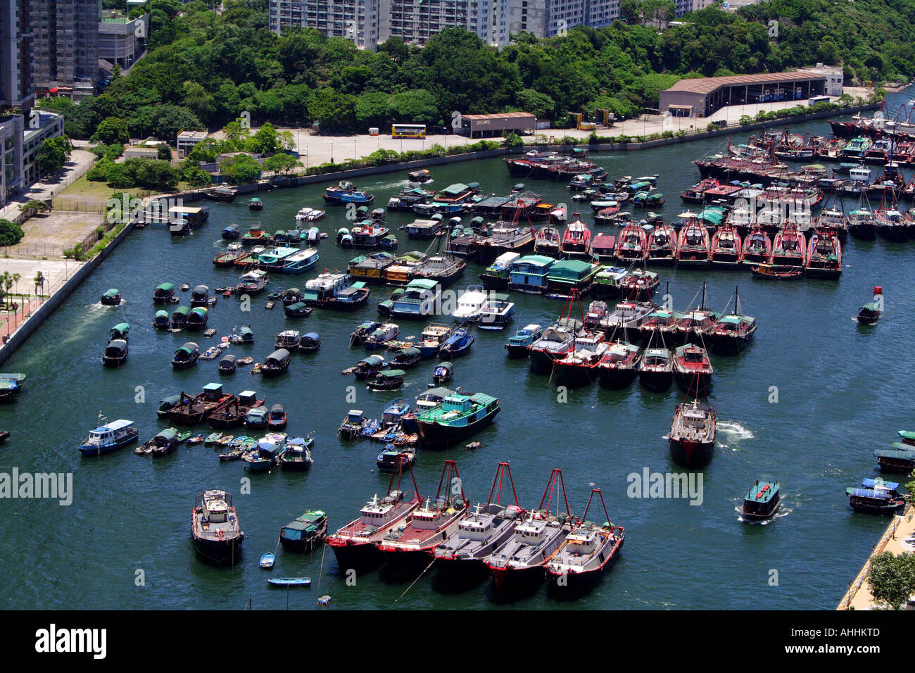 Large Group of Fishing Boats and other Commercial Ships in Aberdeen, Hong Kong, China Stock Photo
