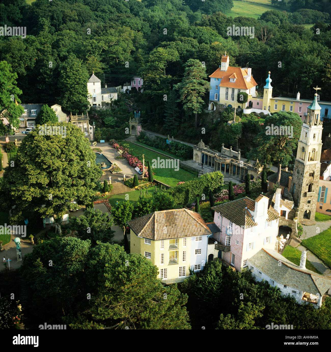 Portmeirion Italianate village Gwynedd Wales built by William Clough Ellis famous for The Prisoner TV series aerial view Stock Photo