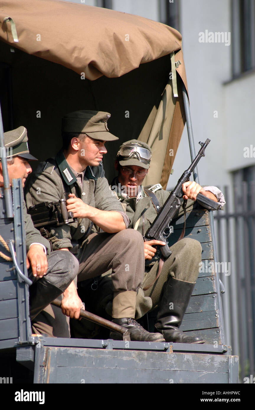 Historical reenactment of Warsaw Uprising in 1944 during II World War. German soldiers in truck. Stock Photo