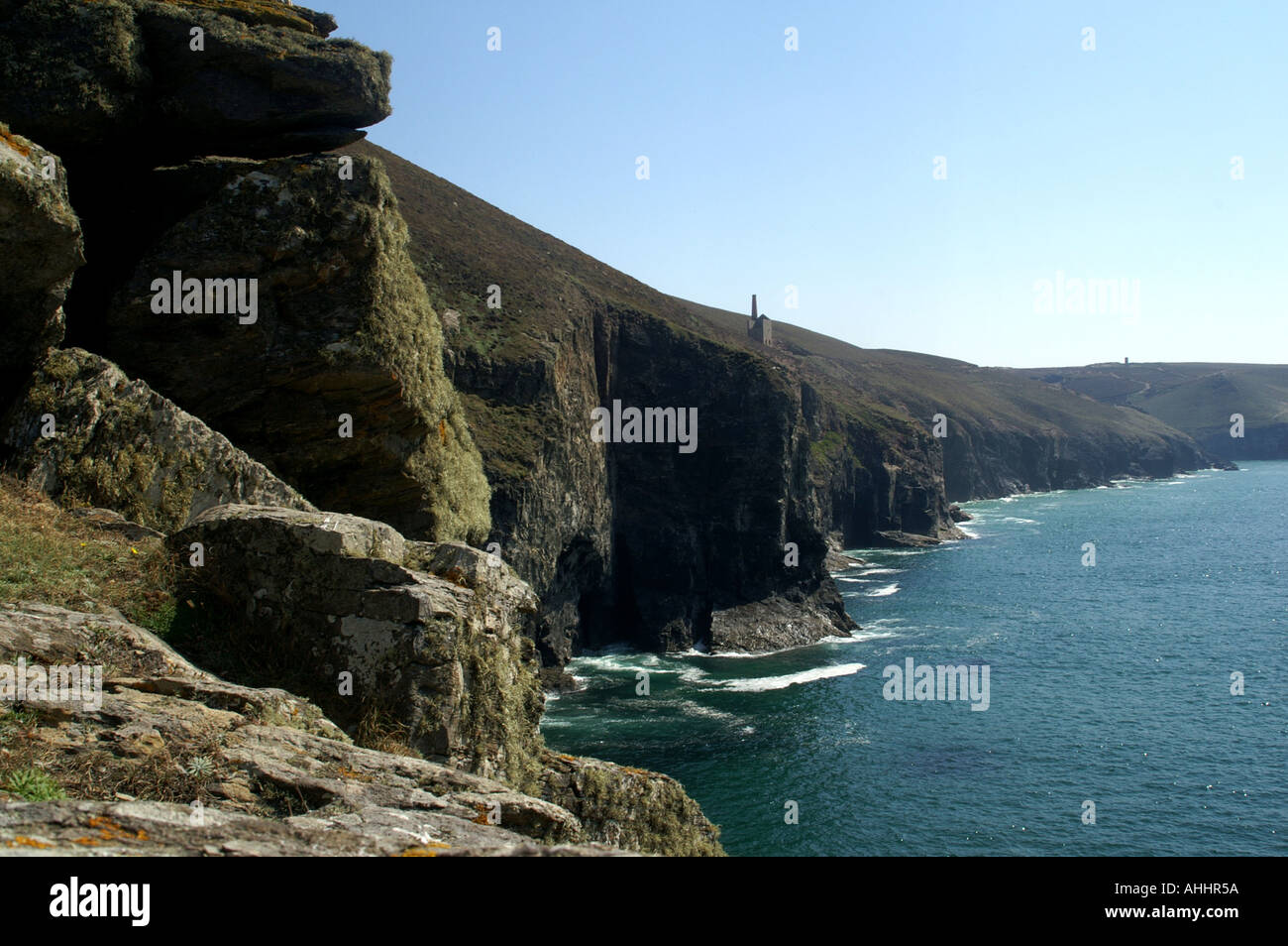 Towanroath shaft Wheal Coates pumping engine house on cliffs near Goonvrea Portreath SWCP Cornwall Stock Photo