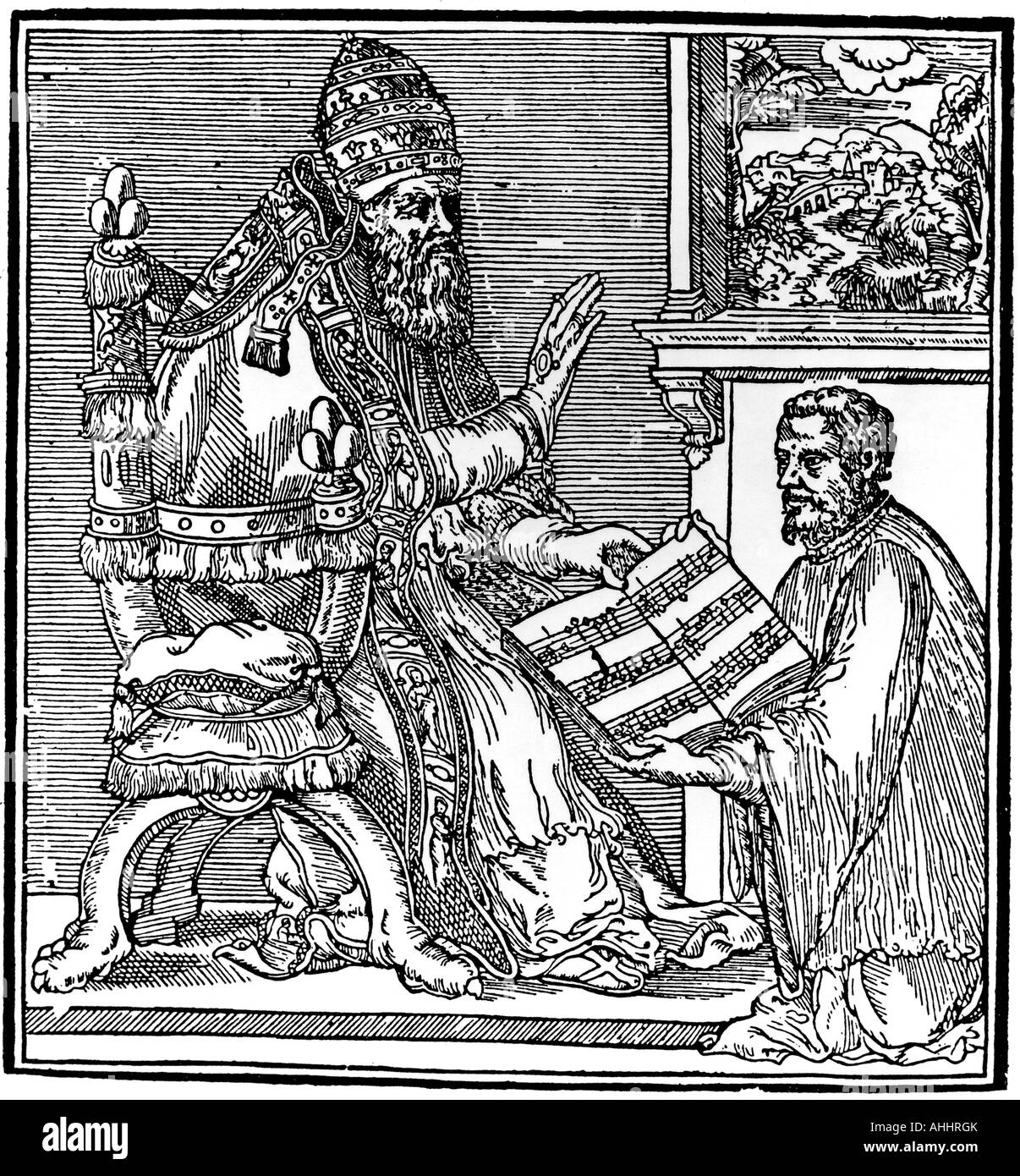 GIOVANNI PALESTRINA Italian composer shown in woodcut presenting his first  book of Masses to Pope Julius III in 1552 Stock Photo - Alamy