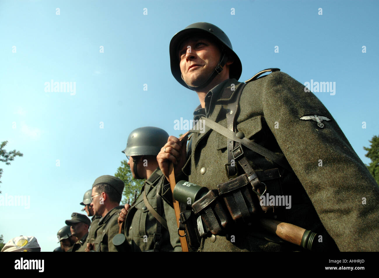 Historical reenactment of Warsaw Uprising in 1944 during II World War - line of men in nazi soldiers uniforms Stock Photo