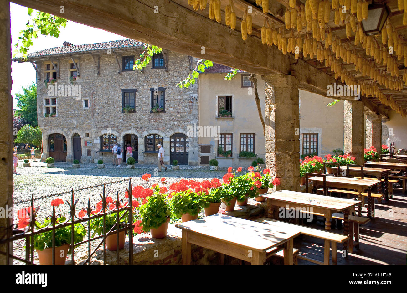 CAFE TERRACE AND PLACE DE LA HALLE MAIN SQUARE PEROUGES MEDIEVAL CITY ...