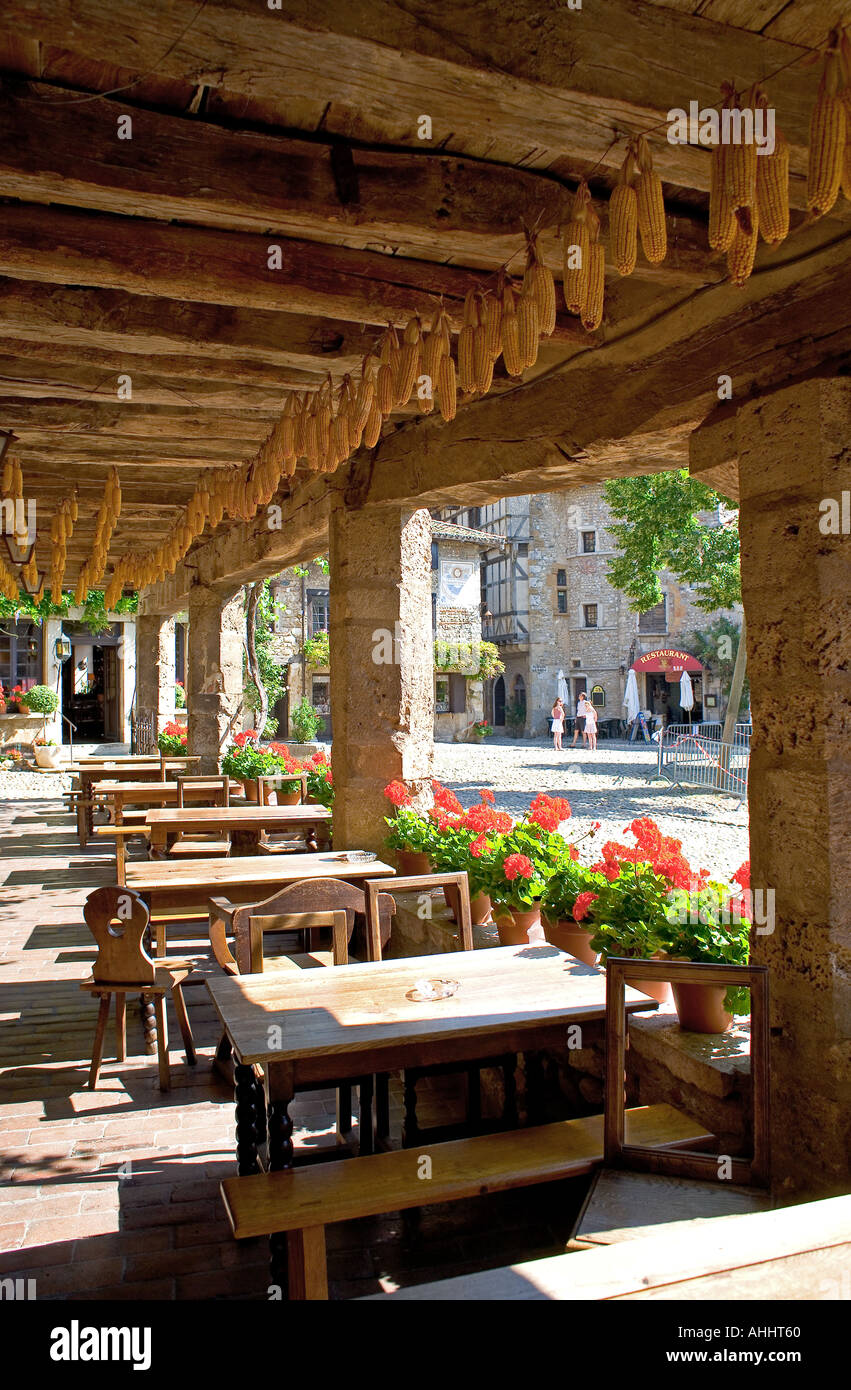 CAFE TERRACE PLACE DE LA HALLE MAIN SQUARE PEROUGES MEDIEVAL CITY AIN ...
