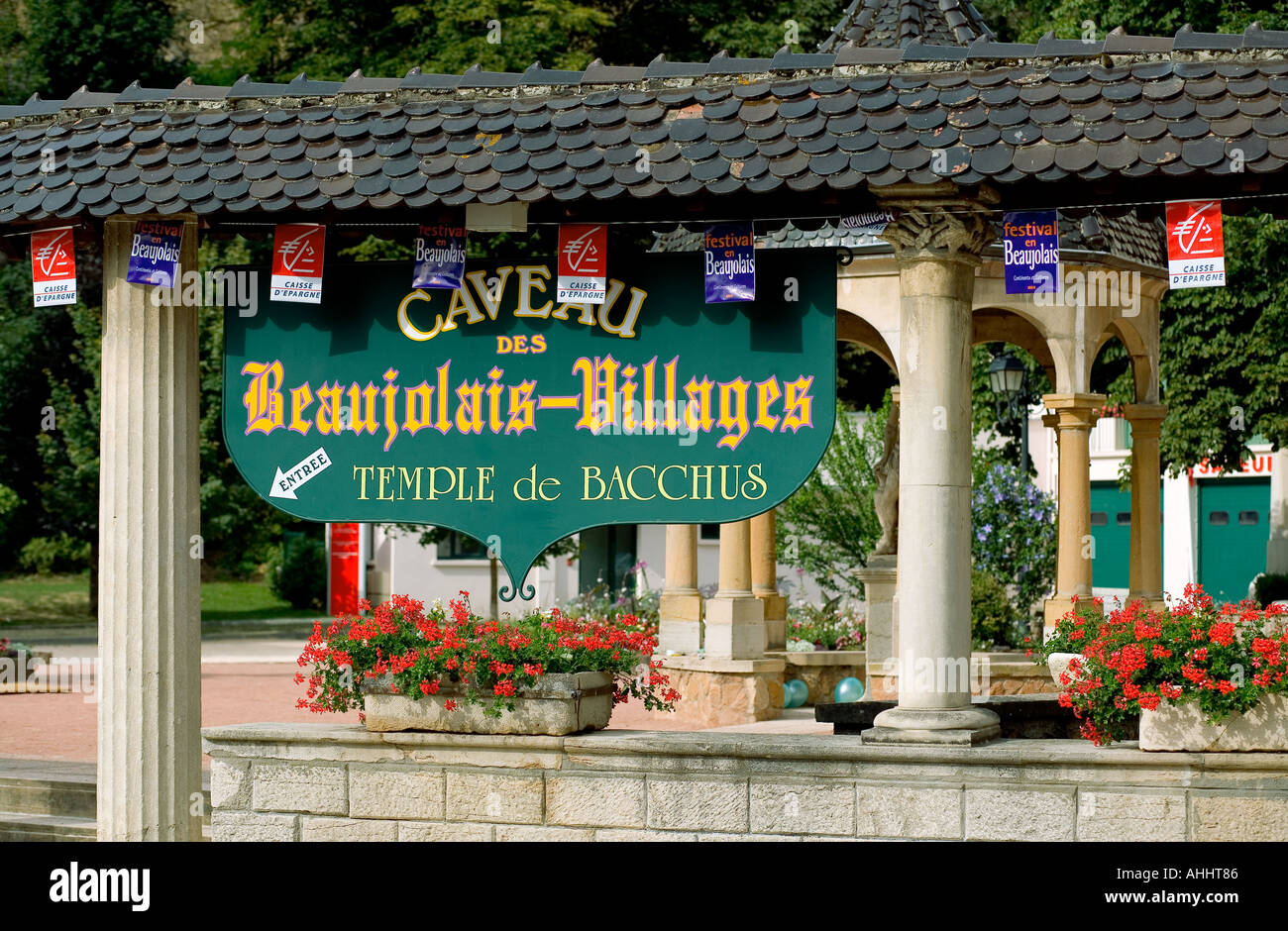 Caveau des Beaujolais-Villages, Temple de Bacchus, wine tasting cellar sign, Beaujeu, Beaujolais wine country, Rhone valley, France, Europe Stock Photo