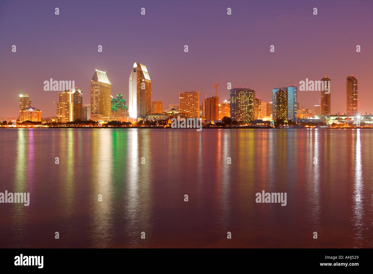The downtown San Diego skyline at night as viewed from Coronado San Diego California Stock Photo
