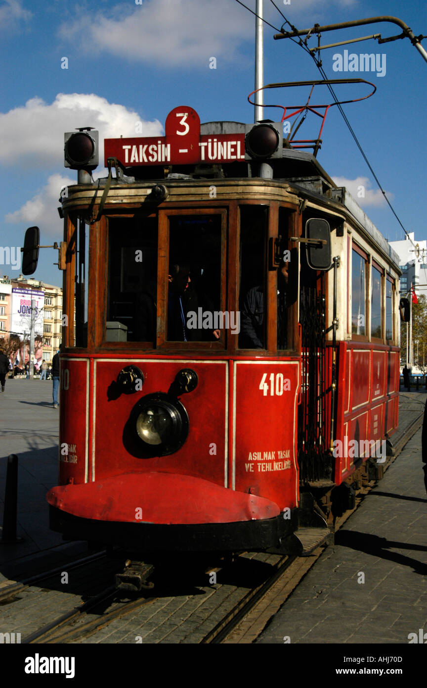 Old style red tram in Taksim Square, Istanbul, Turkey Stock Photo