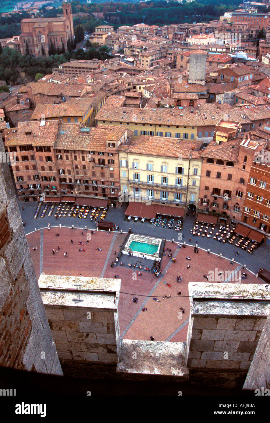 View of the Piazza Campo and Fonte Gaia from the Torre del Mangia, Palazzo Pubblico, Siena, Italy. Stock Photo