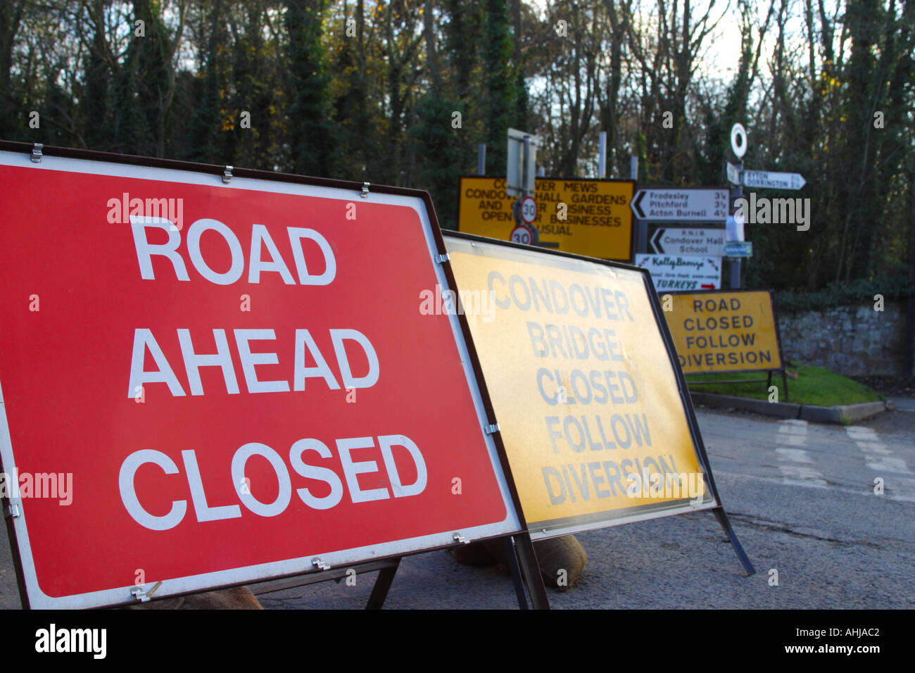 Multiple road signs road ahead closed Condover near Shrewbury Shropshire England UK United Kingdom GB Stock Photo