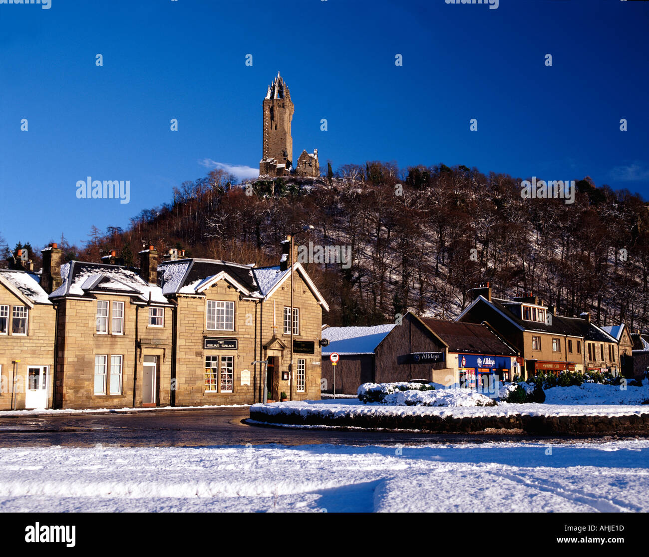 UK Scotland winter at Bridge of Allan and the Wallace Monument Stock