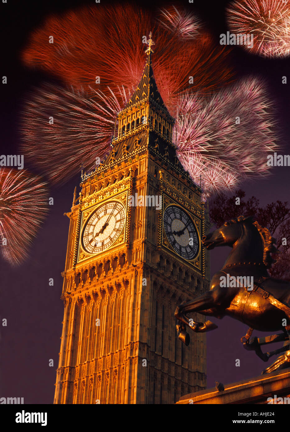 UK England City of London Westminster Fireworks behind Big Ben and the