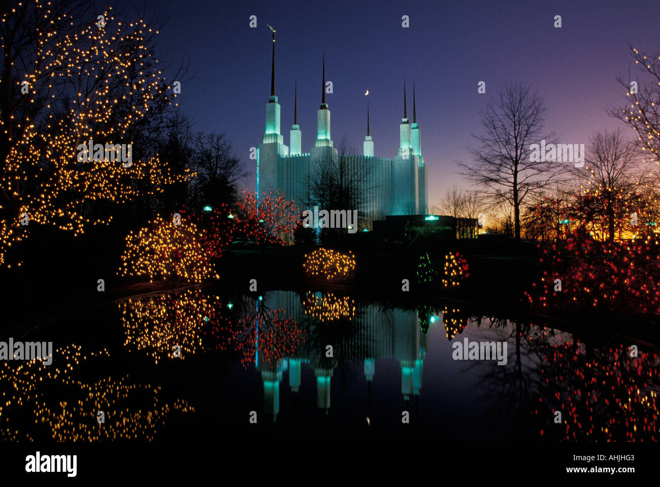 USA Maryland Kensington Christmas lights adorn Mormon Temple at sunset ...