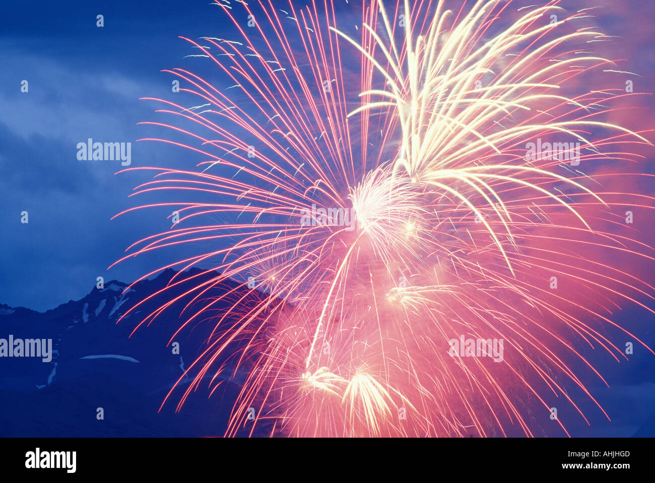 USA Alaska Anchorage Fireworks and Chugach Range during July 4th