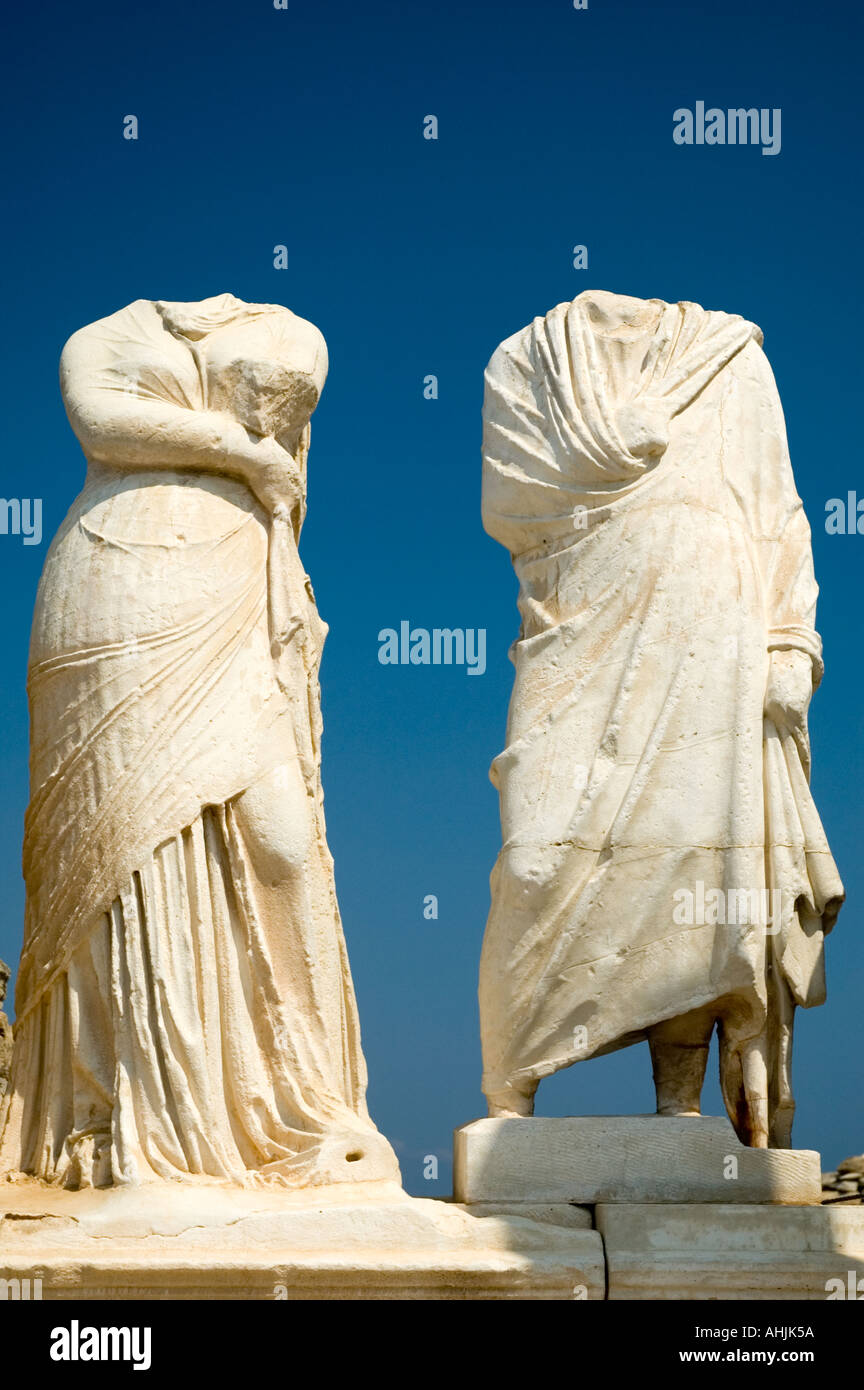 Headless Statues of Athenian Lady Cleopatra and Dioskourides in The House of Cleopatra on Delos The Cyclades Greek Islands Stock Photo