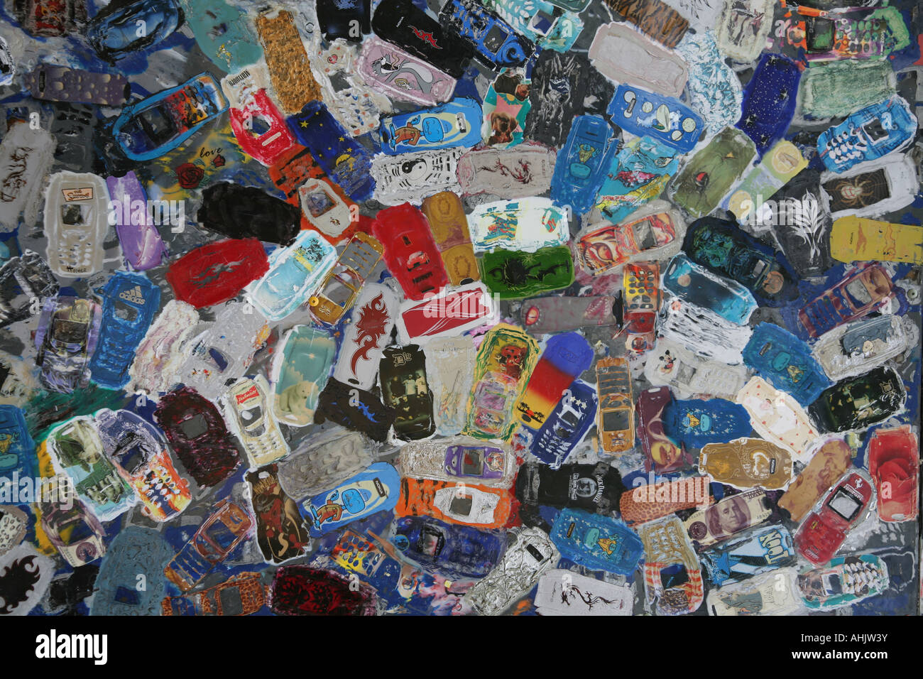 Wall cladding using recycled mobile phone cases at The Re-Thinking school building, Offsite exhibiton, Watford, UK Stock Photo