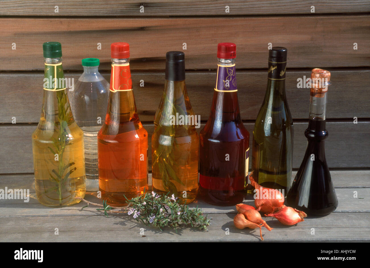 rosmary oil and different vinegars of cider and wine and spice Stock Photo