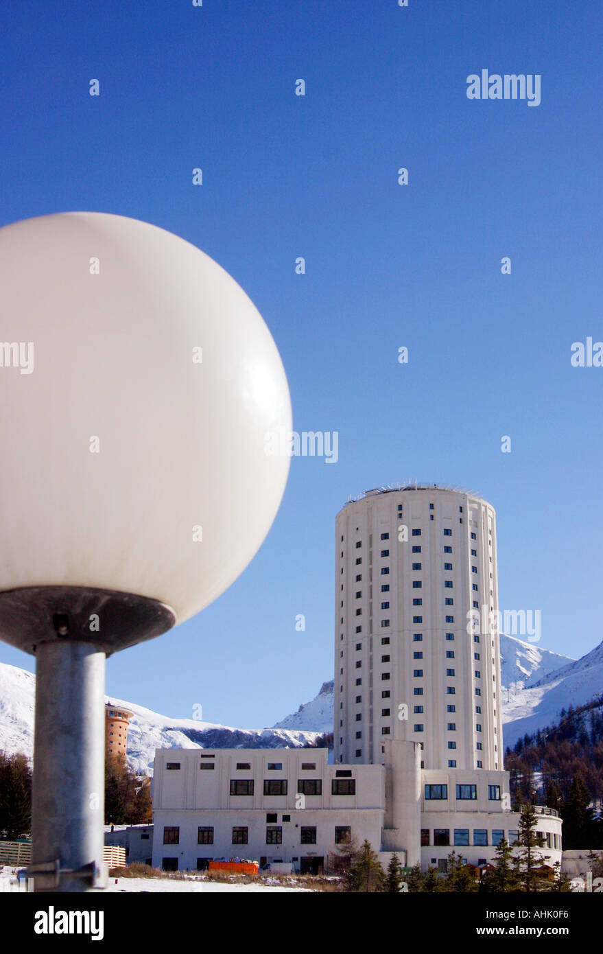 Perspective view of street lamp and Olympic Village at Sestriere ski
