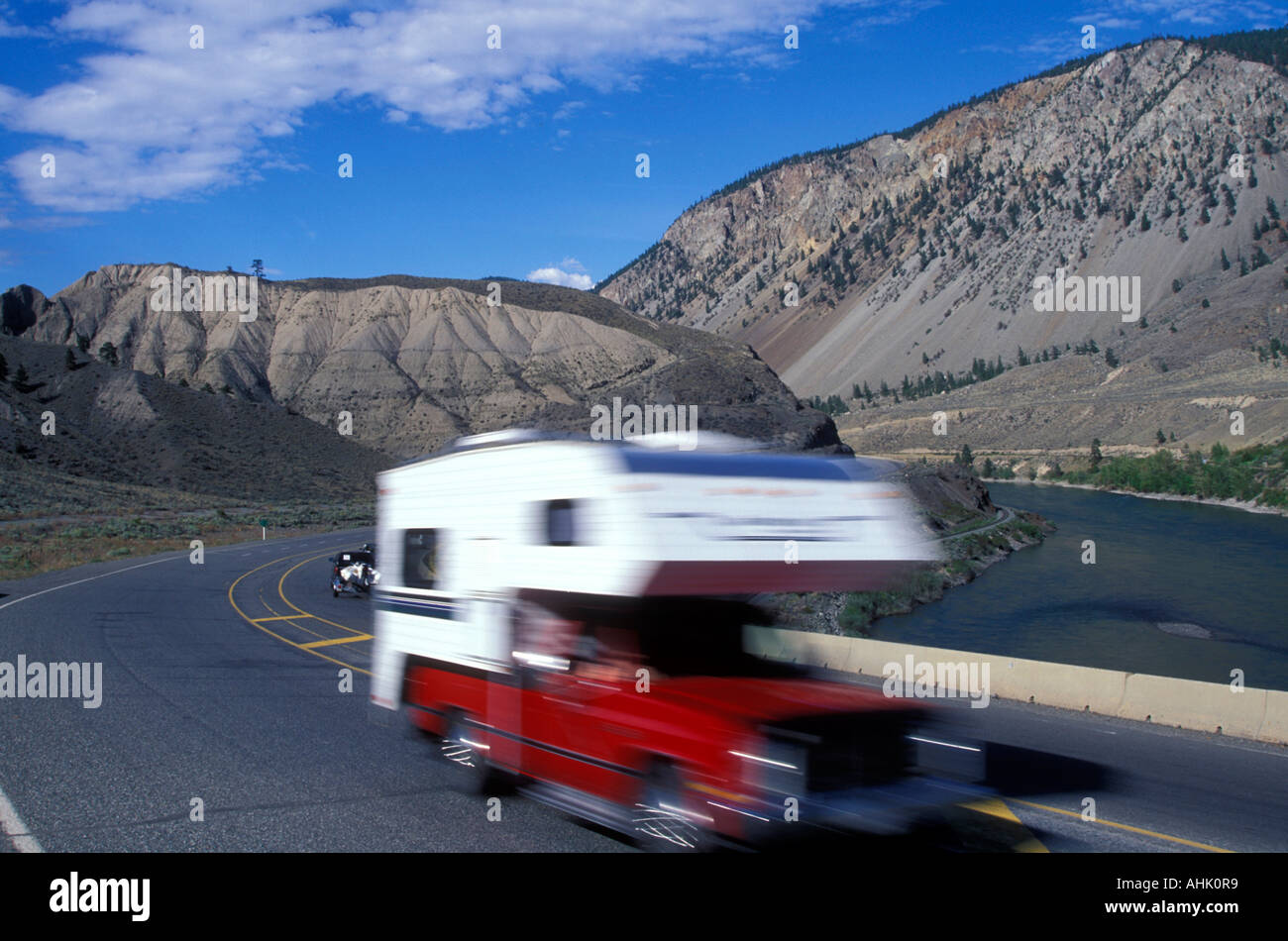 Canada British Columbia Camper drives on winding Trans Canada Highway along Thompson River near Spence s Bridge Stock Photo
