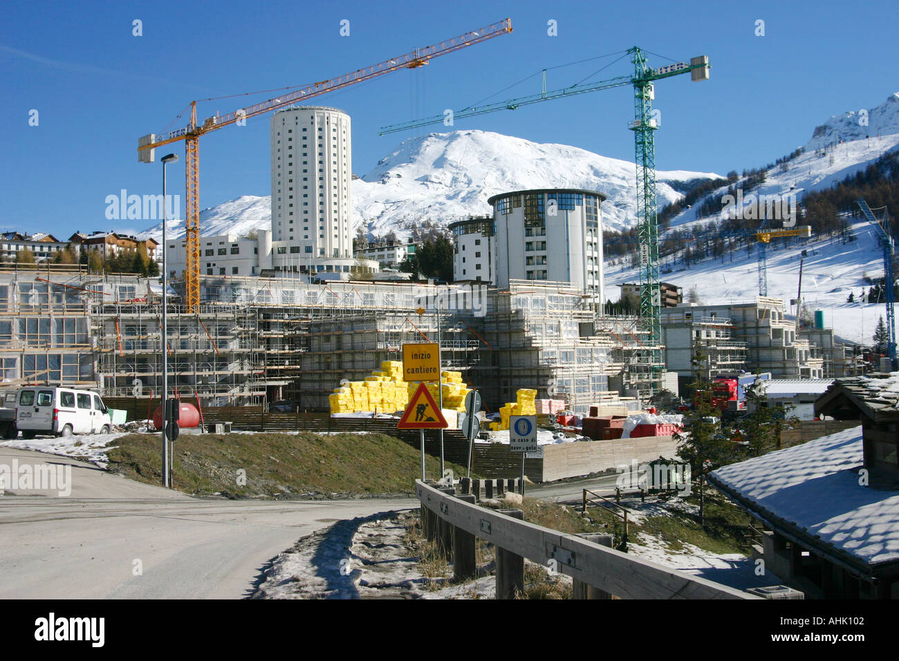 cranes constructing the Olympic village Sestriere ski resort Italy
