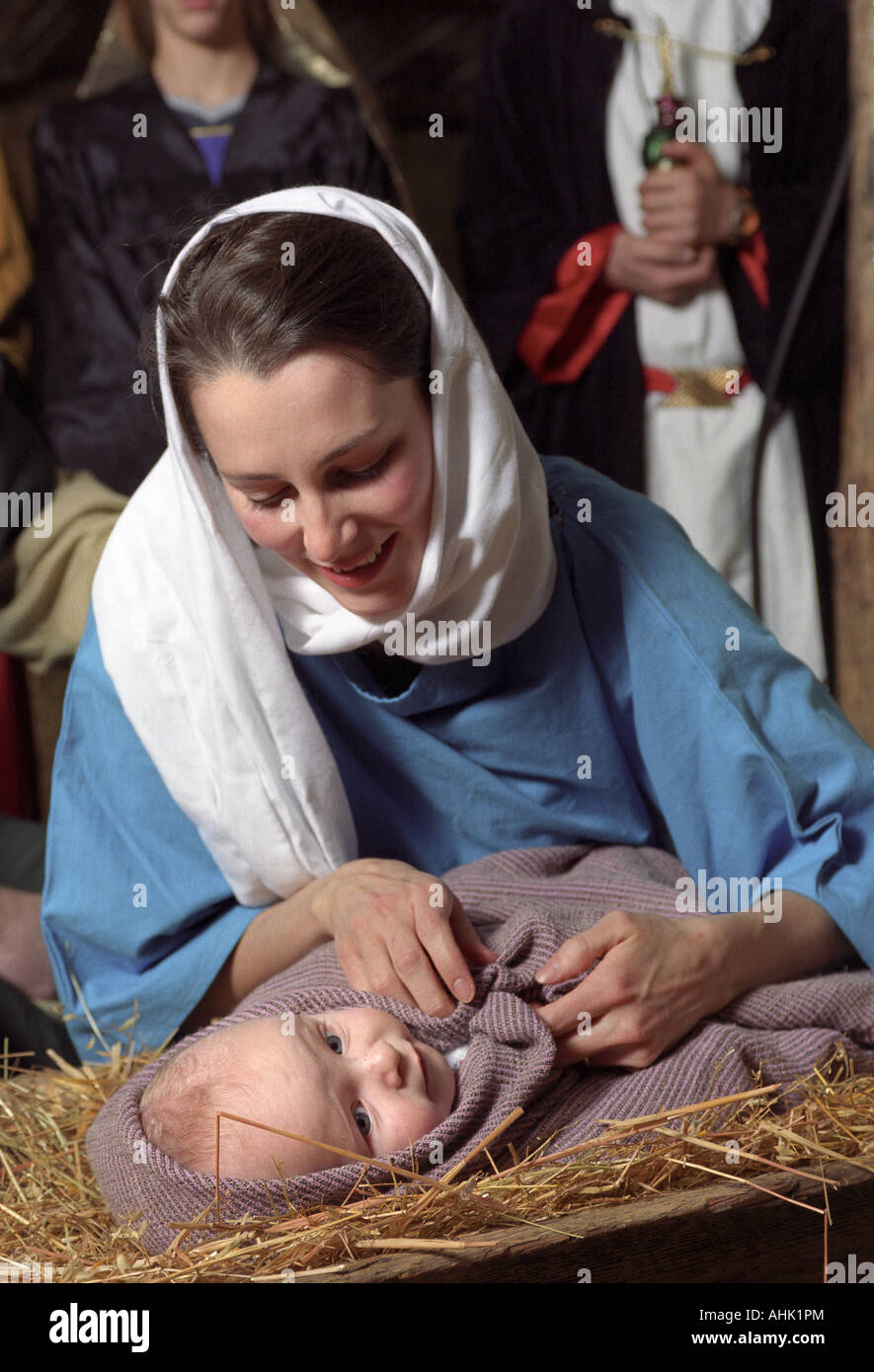 Mary and baby Jesus in live nativity scene Stock Photo