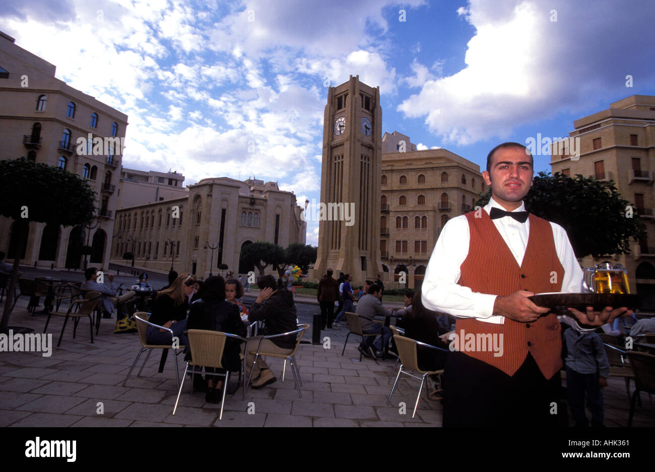 Outdoor cafe scene in the newly restored Downtown area showing art deco