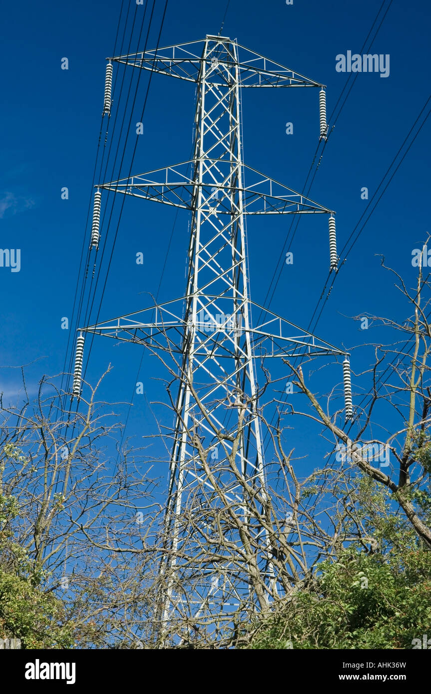 High voltage AC transmission pylon in urban residential area Worcester Park Kingston upon Thames