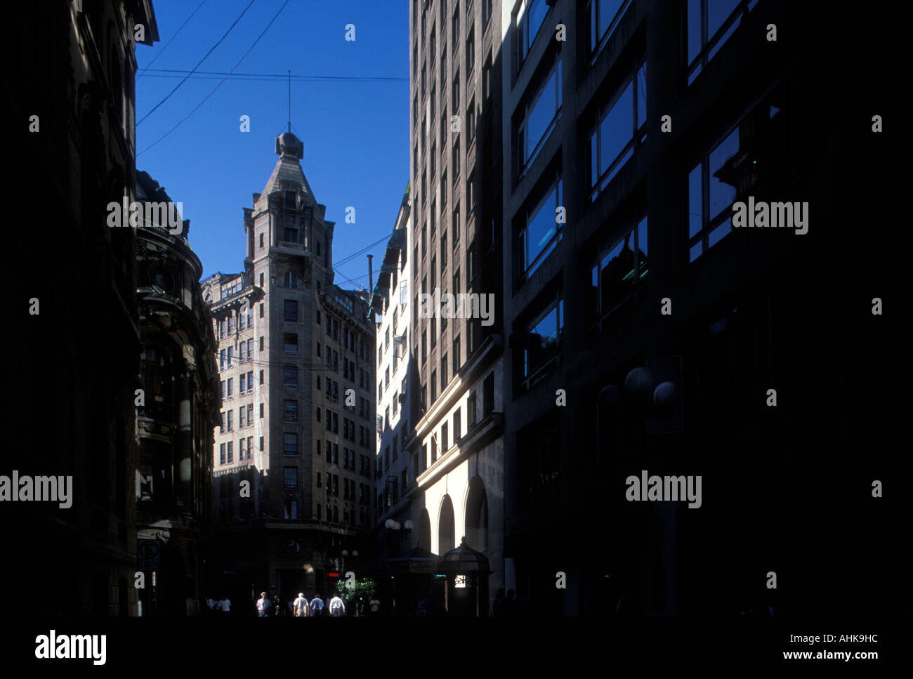 Chile Santiago Late afternoon sun lights buildings in capital city s Financial District Stock Photo