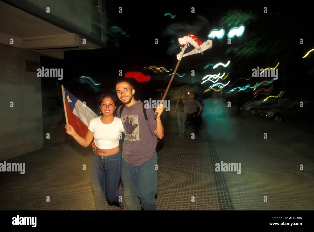 Chile Santiago Voters celebrate presidential election victory of Socialist Ricardo Lagos with flag waving parade Stock Photo