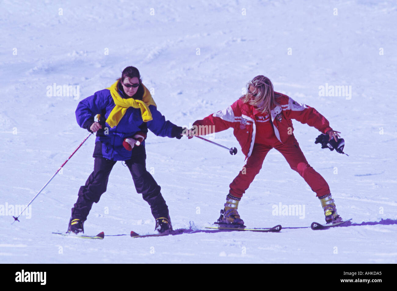A ski instructor gives a ski lesson at the resort of Sestriere, Italy. Stock Photo