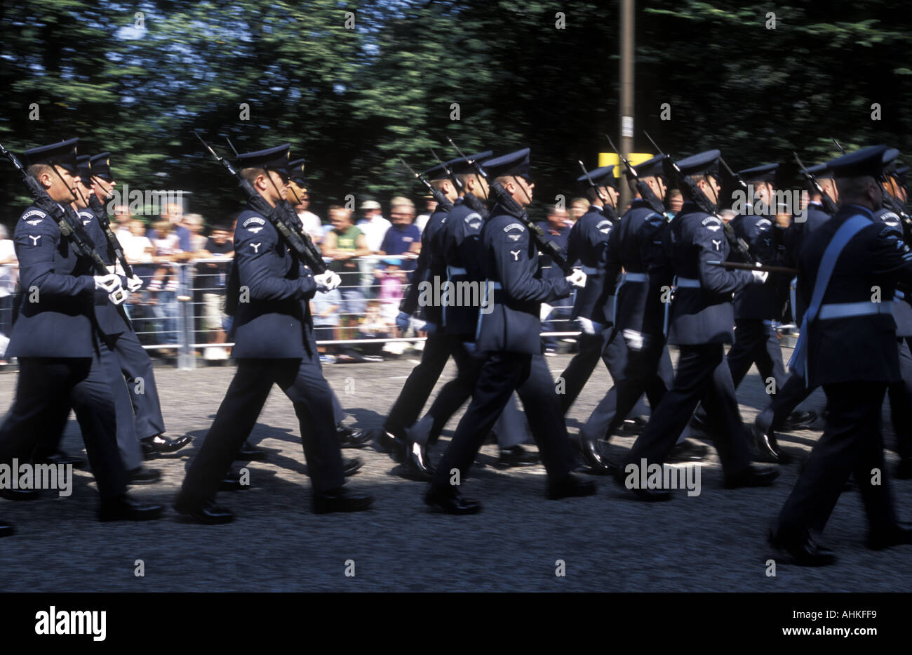 The Queens Colour Squadron of the Royal Air Force RAF marching at