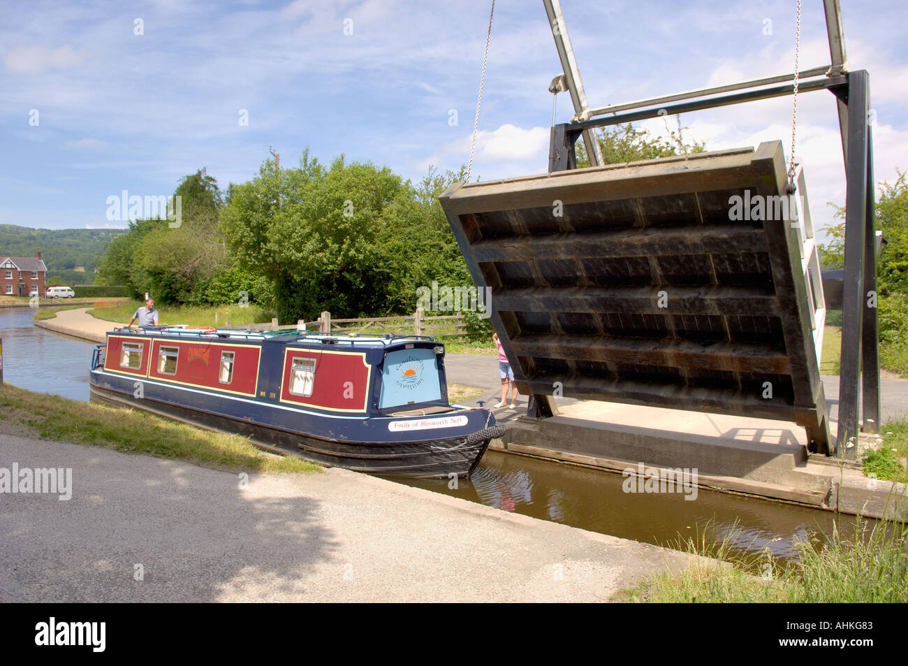 Narrowboat Passing under Fron Lift Bridge Froncysyllte near Llangollen North East Wales Stock Photo