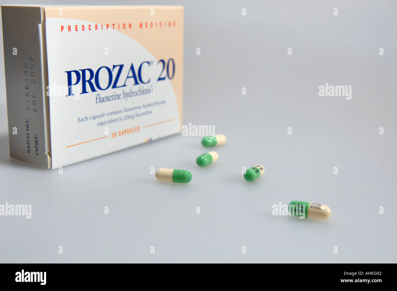 Prozac capsules and packaging anti depression medication Stock Photo