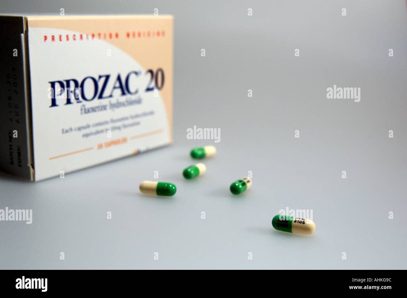 Prozac capsules and packaging anti depression medication Stock Photo