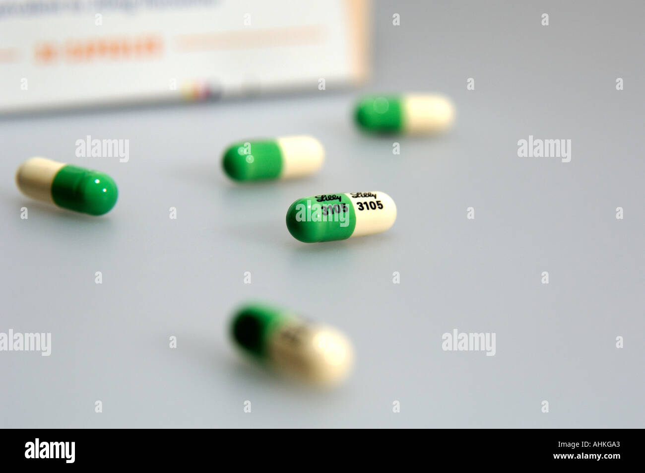 Prozac capsules and packaging anti depression medication Stock Photo