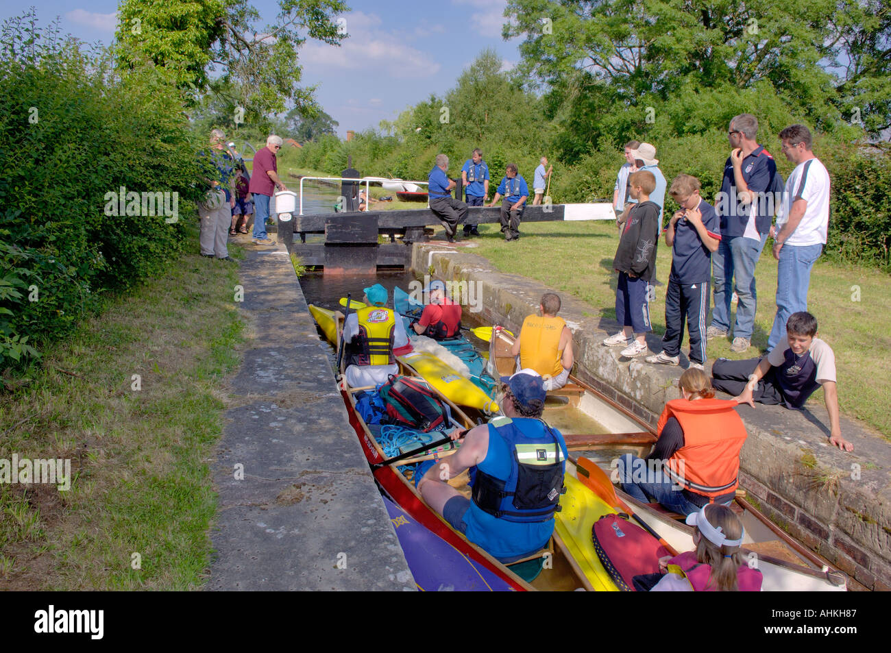 Participants at Finish Annual Dinghy Dawdle Day Montgomery Canal Burgedin Locks Ardleen near Welshpool Mid Wales Stock Photo