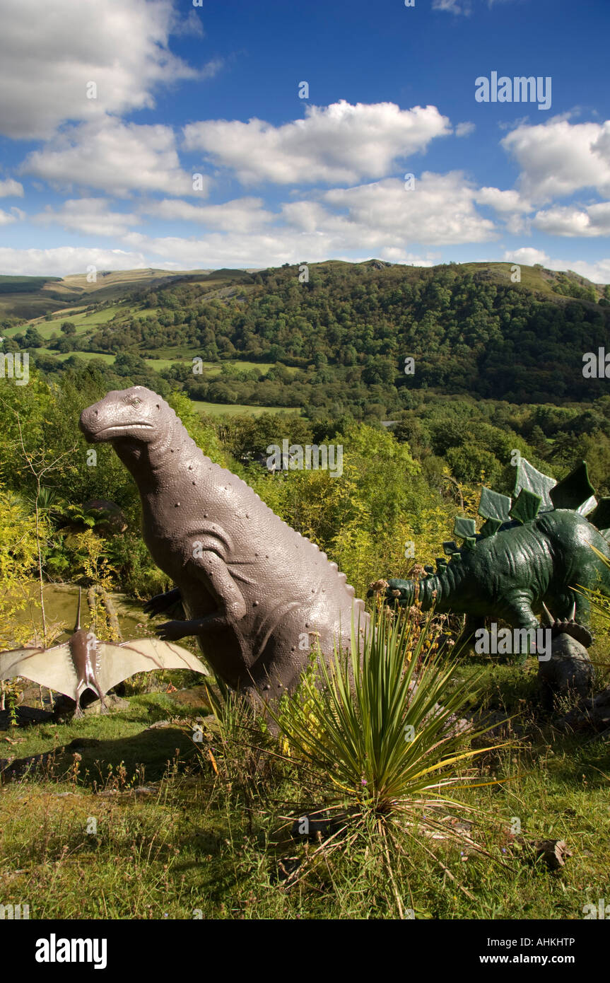 life size plastic Dinosaurs outdoors at Dan yr Ogof national showcaves of Wales Brecon Beacons National Park Powys Wales UK Stock Photo