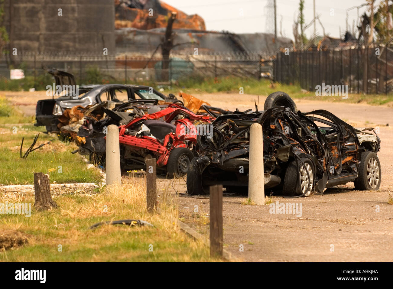Wrecked cars after explosion and fire at Buncefield oil depot, Hemel