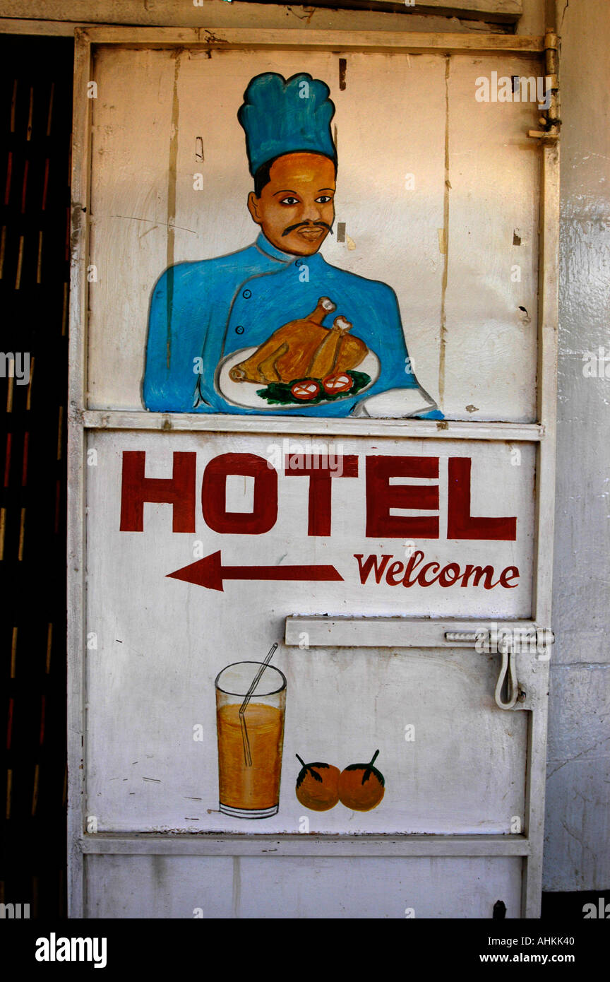 Africa Kenya Tanzania Hotel restaurant Welcome Sign Stock Photo