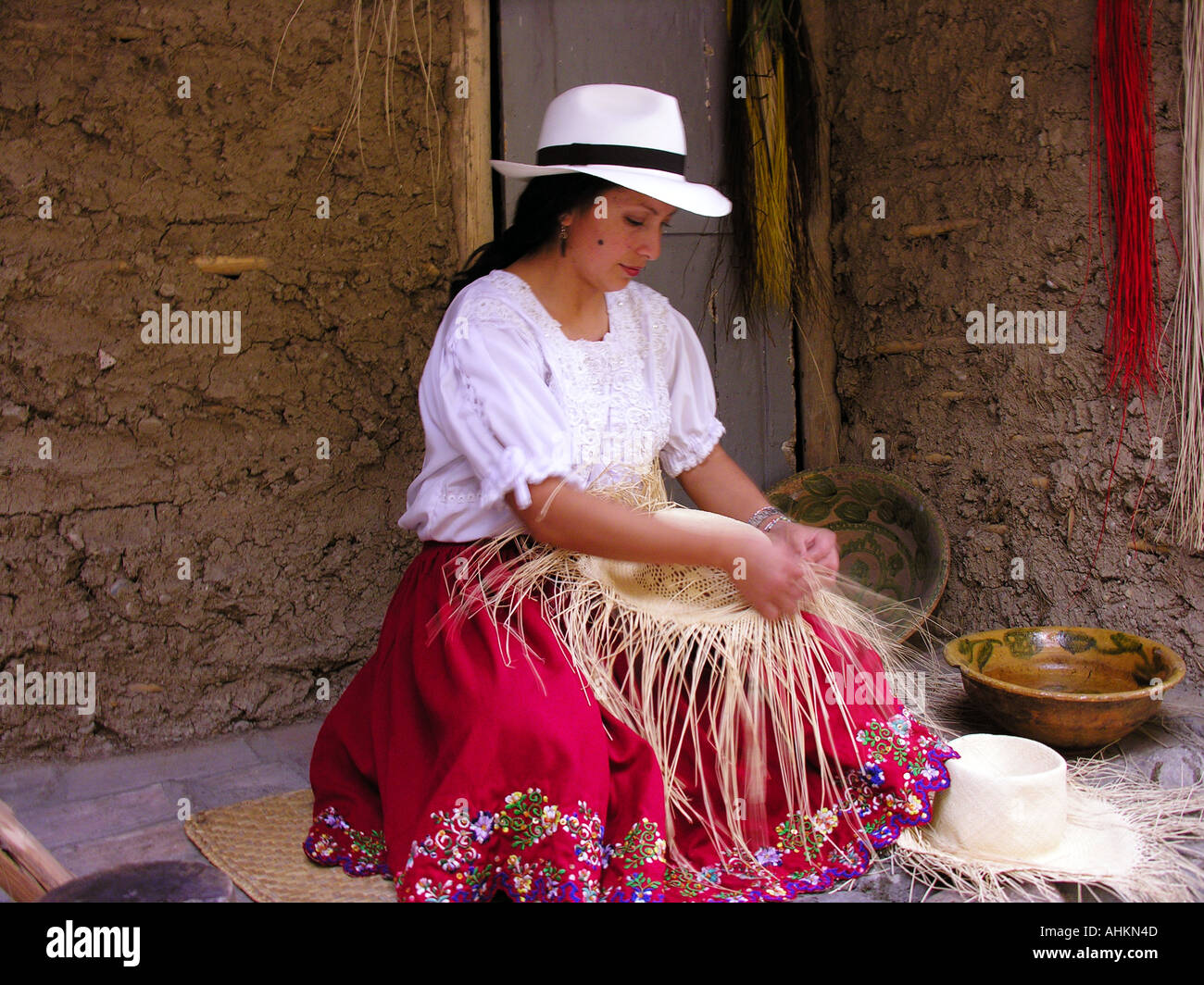 Woman making Panama hat, Ecuador, South America Stock Photo