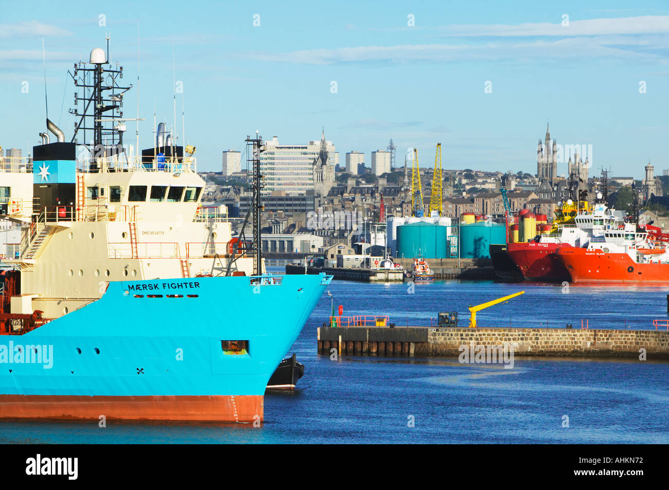 Aberdeen Harbour, Aberdeen, Scotland. Supply boat leaving the harbour. Stock Photo